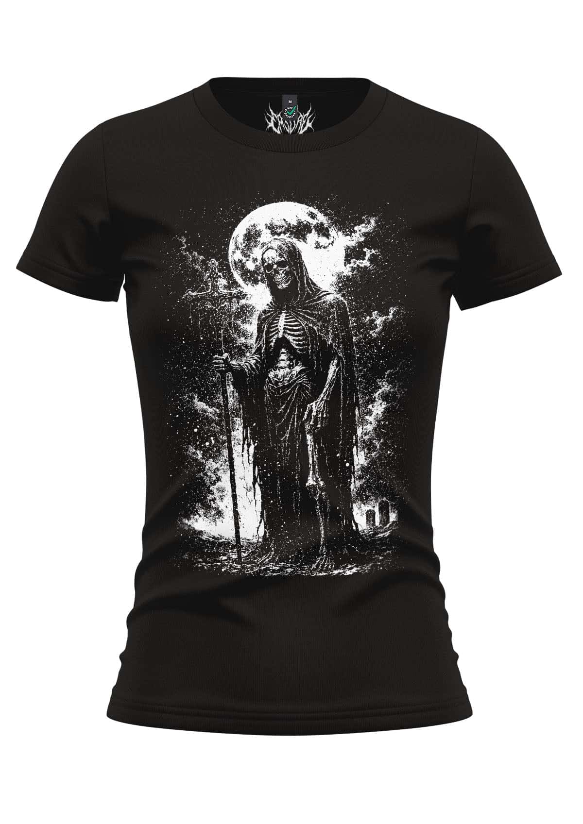 Schwarzes damen t-shirt mit weißer grafik des grim reapers vor vollmond und sense gothic kleidung horror style
