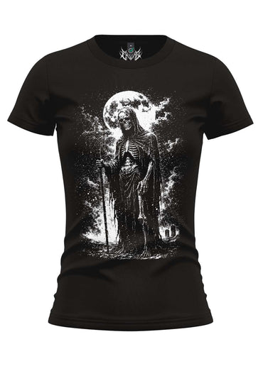 Schwarzes damen t-shirt mit weißer grafik des grim reapers vor vollmond und sense gothic kleidung horror style