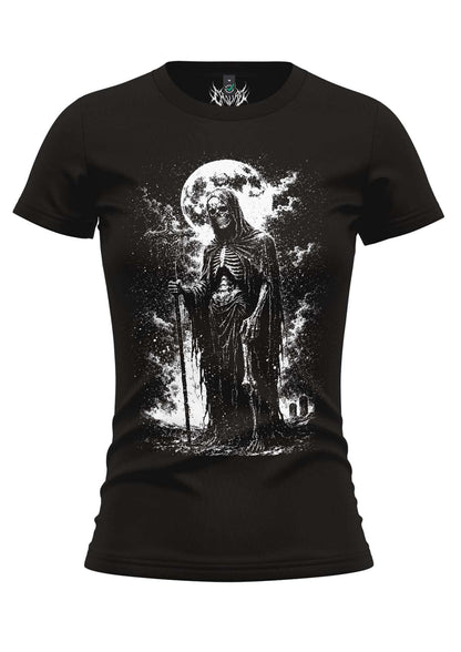 Schwarzes damen t-shirt mit weißer grafik des grim reapers vor vollmond und sense gothic kleidung horror style