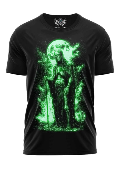 Schwarzes t-shirt the vanguard of death mit leuchtendem grünen grim reaper design vor vollmond für gothic horror mode