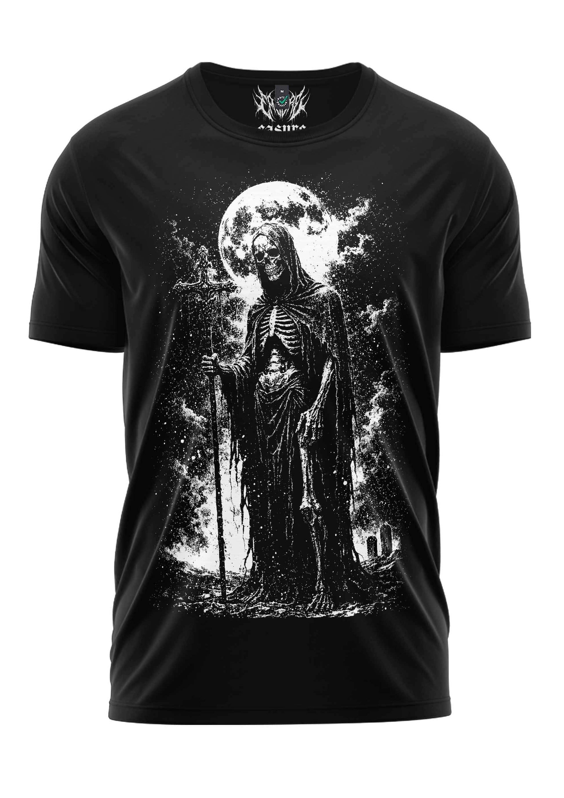Schwarzes t-shirt mit vanguard des todes grim reaper grafik aus organische baumwolle t-shirt mit totenkopf design