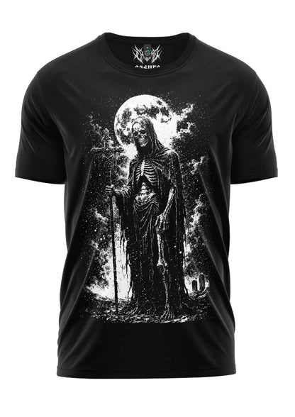 Schwarzes t-shirt mit vanguard des todes grim reaper grafik aus organische baumwolle t-shirt mit totenkopf design