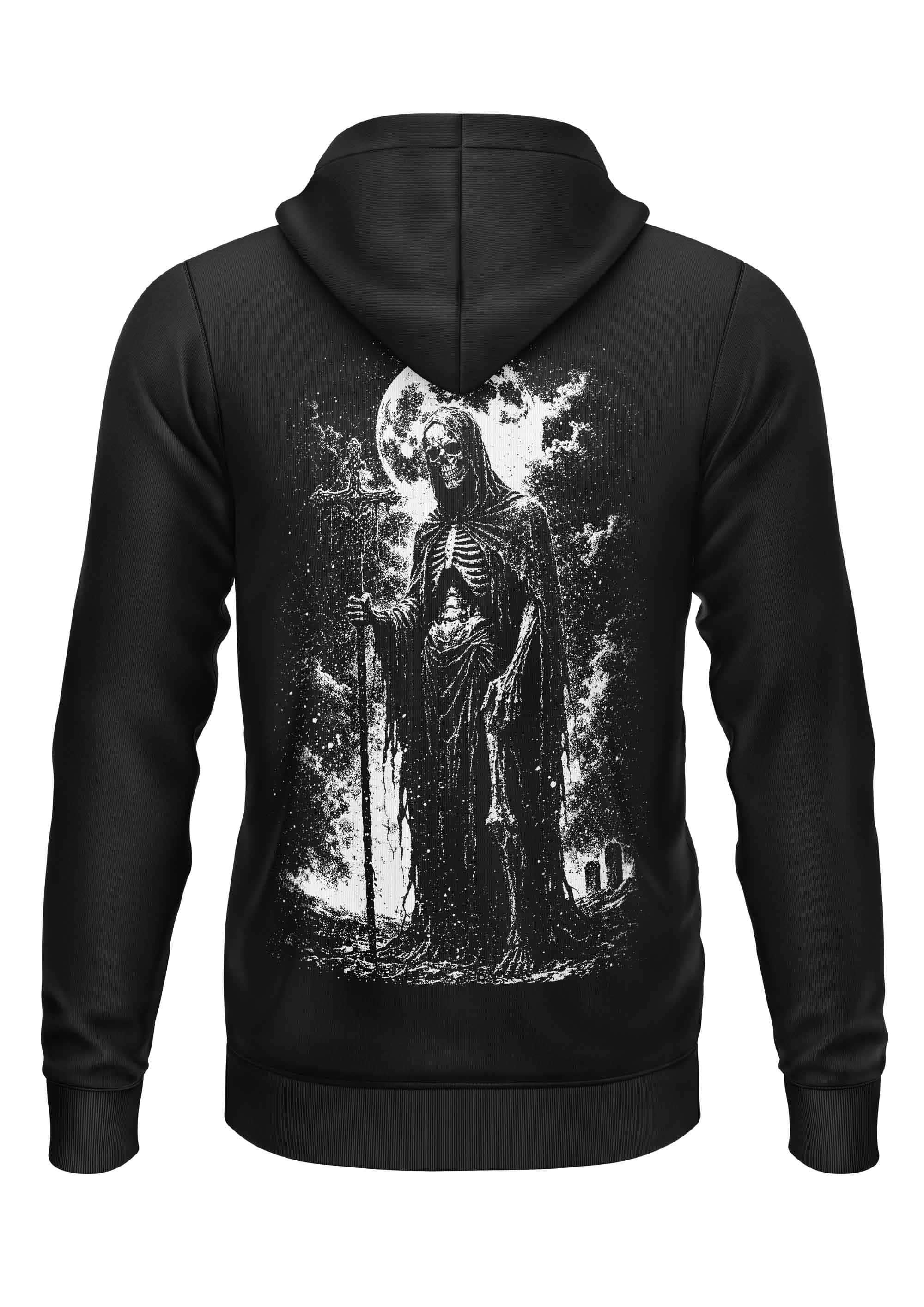 Schwarzer gothic kapuzenpullover the vanguard of death zipper mit detailliertem weißen vanguard des todes motiv