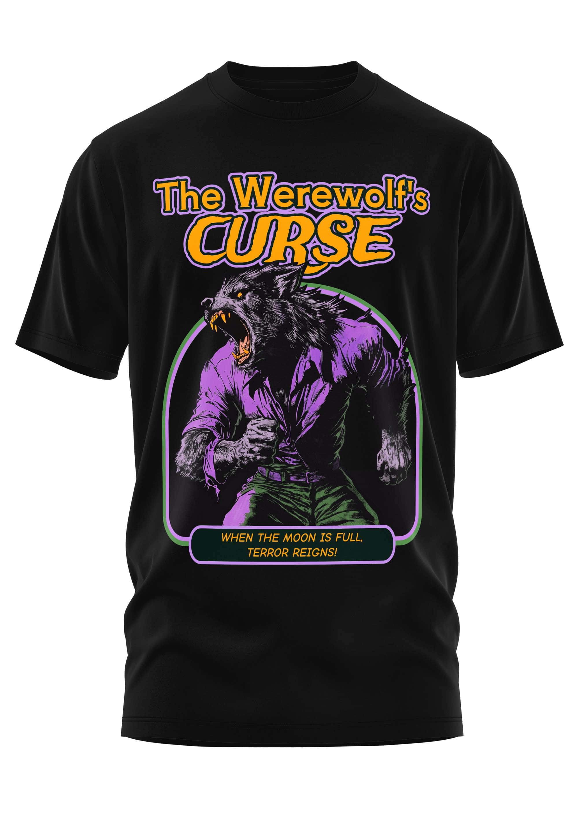 Schwarzes gothic horror kurzarmshirt mit vibrantem werewolf grafik in lila und grün und text the werewolfs curse