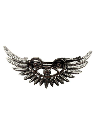 Silberner gothic hair clip the wing haarklammer mit flügelmotiv, filigranen federn und zentralem edelstein