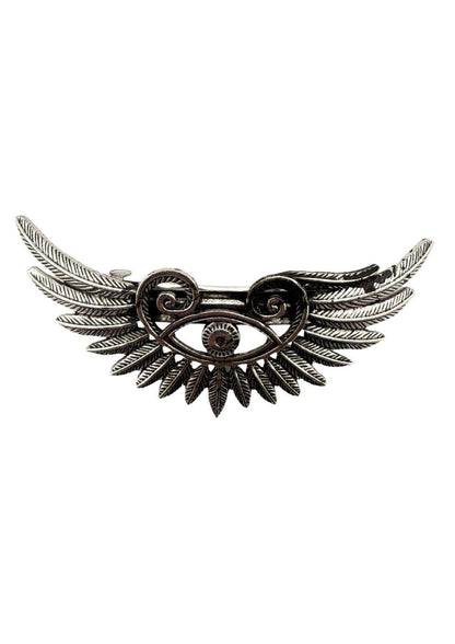 Silberner gothic hair clip the wing haarklammer mit flügelmotiv, filigranen federn und zentralem edelstein
