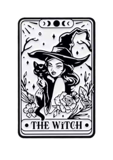 The witch pin featuring a gothic horror inspired design in dark tones for tarot card enthusiasts