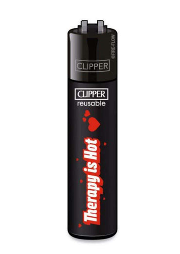 Schwarzes nachfüllbarer clipper feuerzeug mit rotem therapy is hot text und herzmotiven aus austauschbarem feuerstein