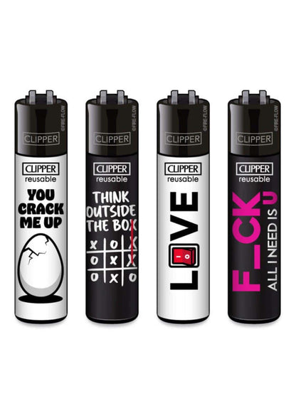 Vier schwarz-weiße nachfüllbare clipper feuerzeuge mit mutigen humorvollen designs für gothic und dark fashion Fans