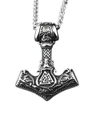Silberner thors hammer anhänger mit wikinger knotenmuster und valknut symbol an passender hammer halskette