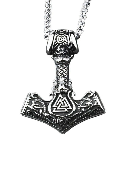 Silberner thors hammer anhänger mit wikinger knotenmuster und valknut symbol an passender hammer halskette