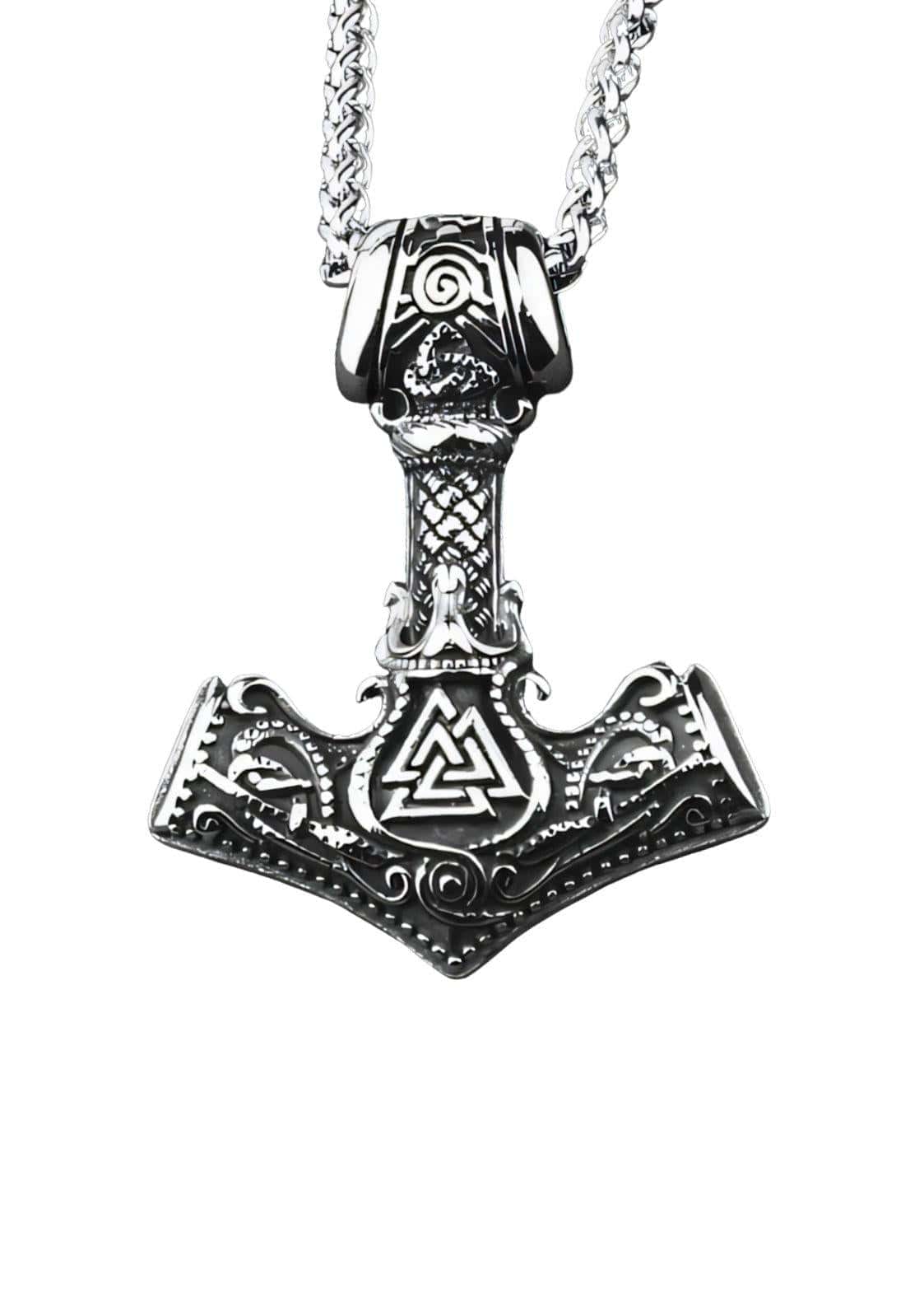 Silberne thor’s hammer halskette mit wikinger mjölnir anhänger und valknut symbol an geflochtener kettette