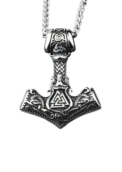 Silberne thor’s hammer halskette mit wikinger mjölnir anhänger und valknut symbol an geflochtener kettette