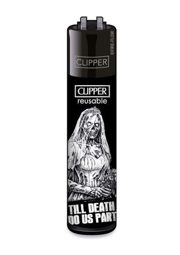 Schwarzes wiederbefüllbares clipper feuerzeug mit gothic zombie braut illustration und till death do us part schriftzug