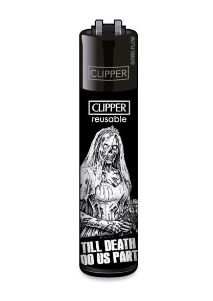 Schwarzes wiederbefüllbares clipper feuerzeug mit gothic zombie braut illustration und till death do us part schriftzug
