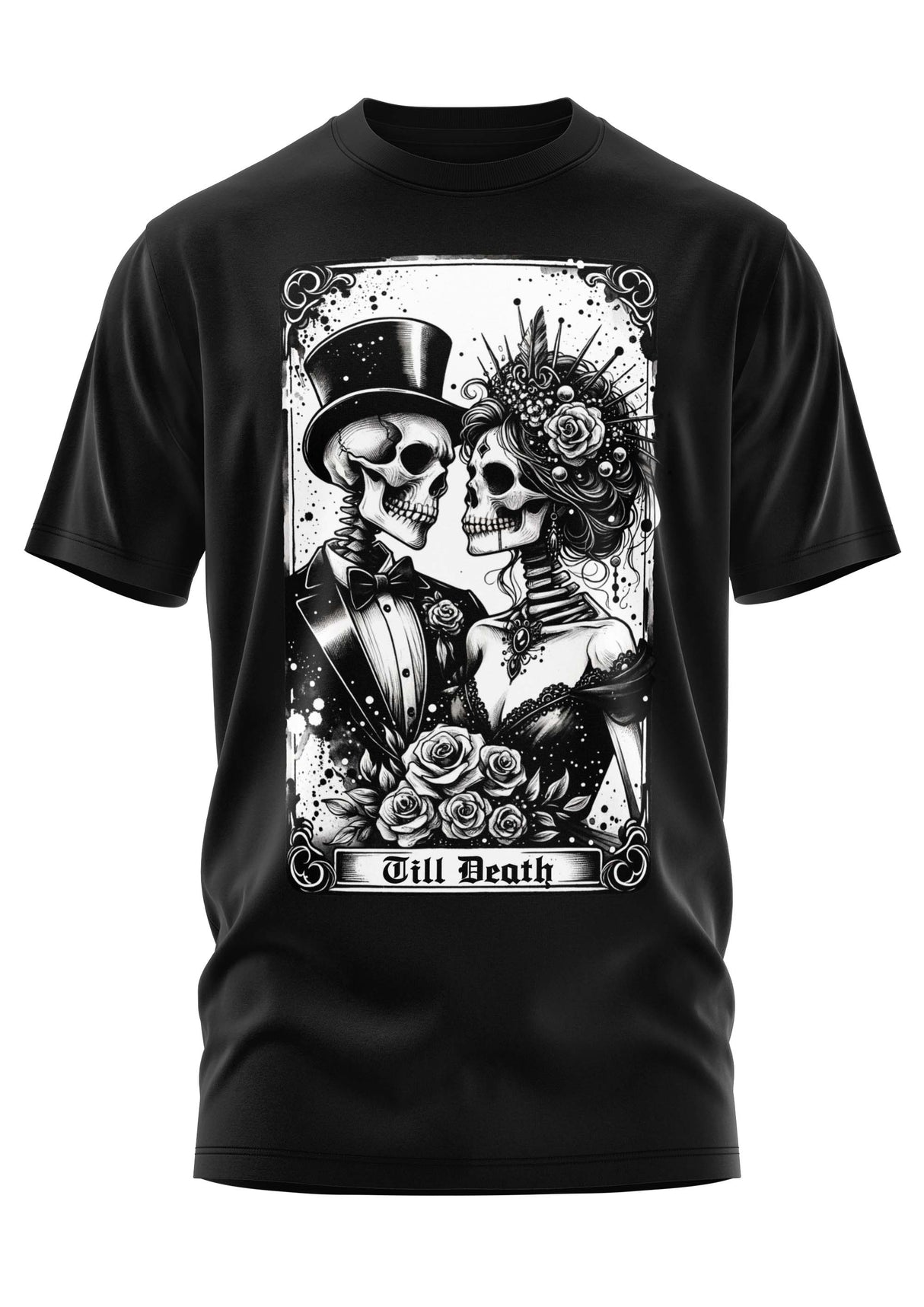 Schwarzes T-Shirt mit Skelett-Hochzeitsgrafik ’Till Death’.