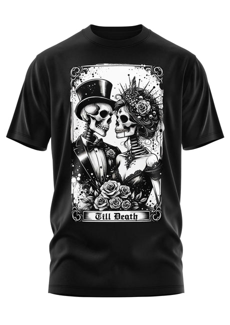 Schwarzes T-Shirt mit Skelett-Hochzeitsgrafik ’Till Death’.