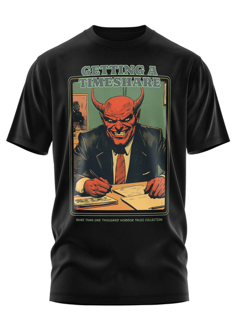 Schwarzes T-Shirt mit der Grafik eines rotgesichtigen Teufels im Anzug, der Papiere unterschreibt.
