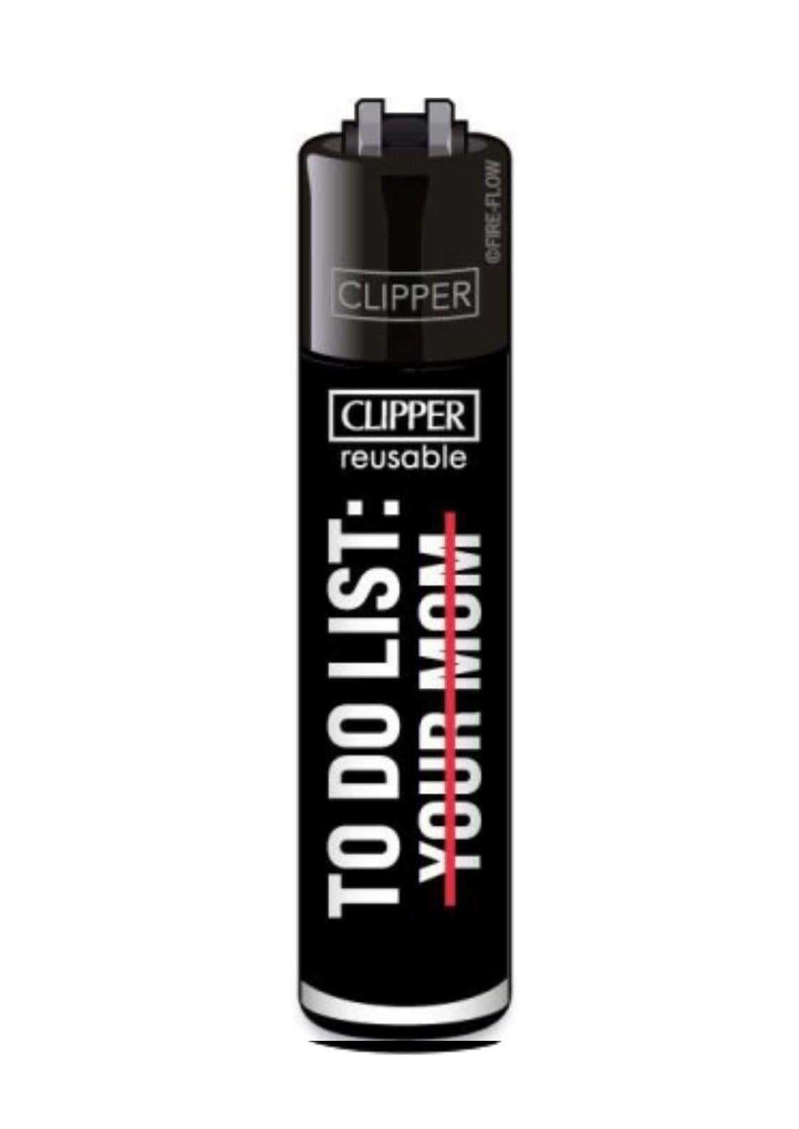 Schwarzes batsquirrel clipper lighter refillable mit comic design und weiß-rotem text to do list your mom