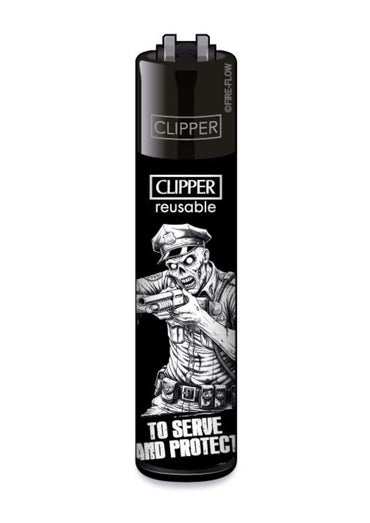 Schwarzes clipper feuerzeug mit nachfüllfunktion und gothischem schwarz-weiß zombie polizisten horror design