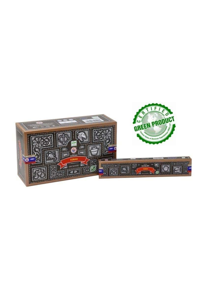 Schwarze und braune kartonverpackung mit weißen mustern und rotem band für tobak satya räucherstäbchen mit tabakduft