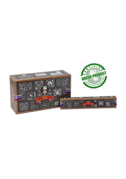 Schwarze und braune kartonverpackung mit weißen mustern und rotem band für tobak satya räucherstäbchen mit tabakduft