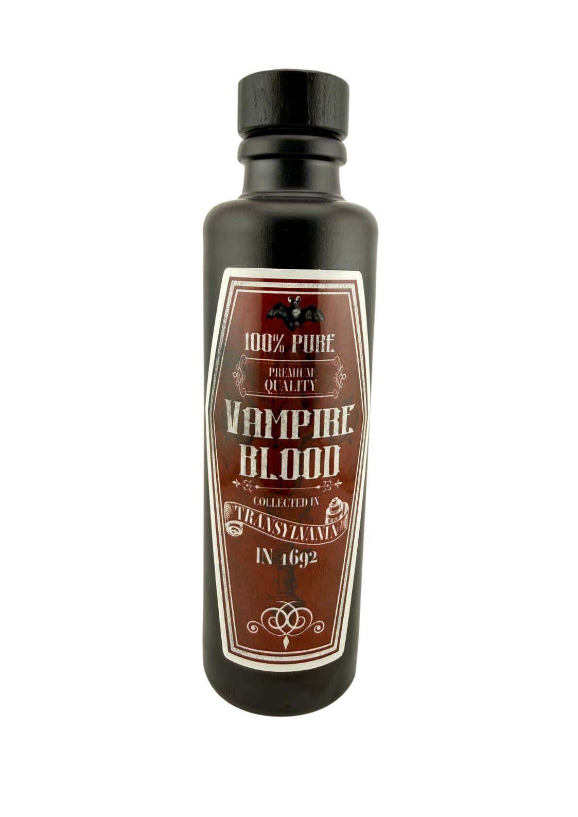 Ein dunkle glasflasche tonkrug vampire blood schwarz 200 ml mit schwarzem korken und vintage gothic horror etikett