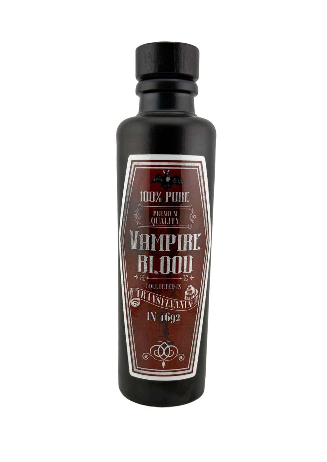Schwarze tonkrug flasche vampire blood klein 200 ml mit holzgriffkorken und gotischem etikett für horror und dark fashion