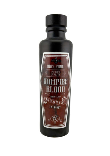 Schwarze tonkrug flasche vampire blood klein 200 ml mit holzgriffkorken und gotischem etikett für horror und dark fashion