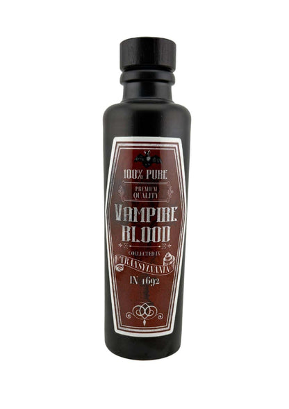 Schwarze tonkrug flasche vampire blood klein 200 ml mit holzgriffkorken und gotischem etikett für horror und dark fashion