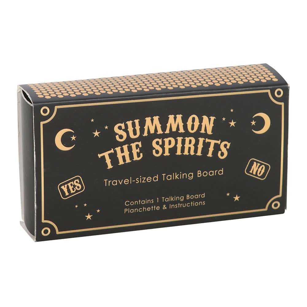 Travel ouija board in black and gold with summon the spirits design in compact matchbox-style packaging