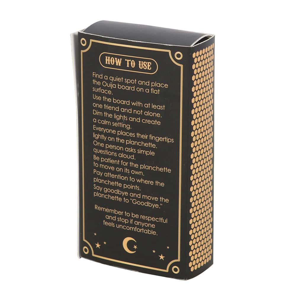 Schwarze und goldene travel ouija board verpackung mit honigwabenmuster an der seite