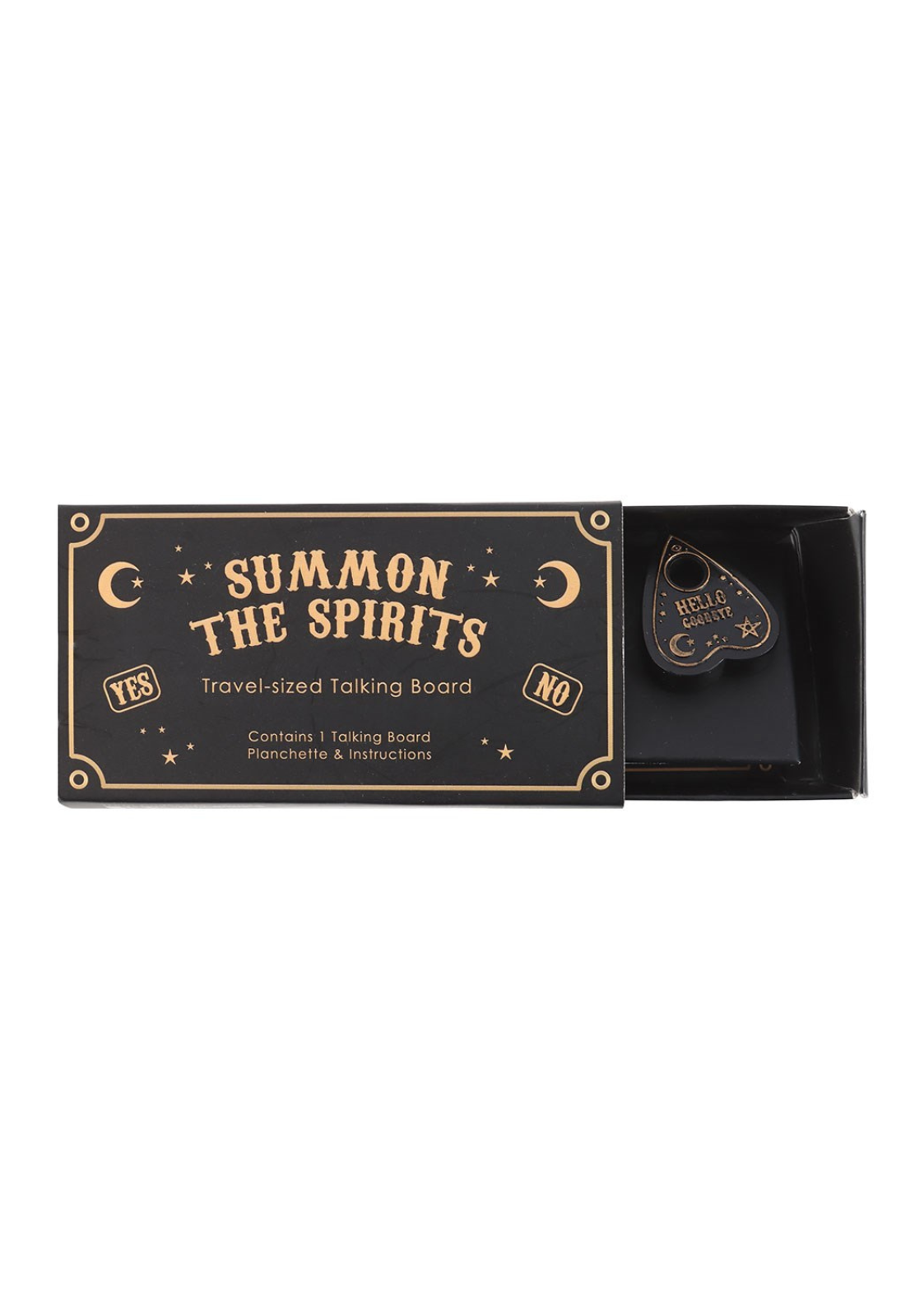 Schwarzes Sprechbrett im Reiseformat mit Planchette.