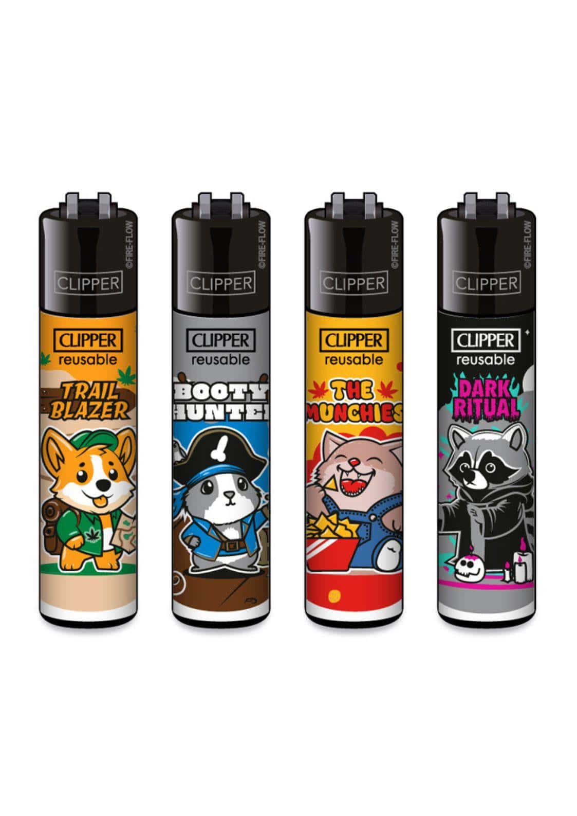 Vier bunte clipper lichter aus dem trip buddies clipper lighter set mit cartoon-tiermotiven und verspieltem design