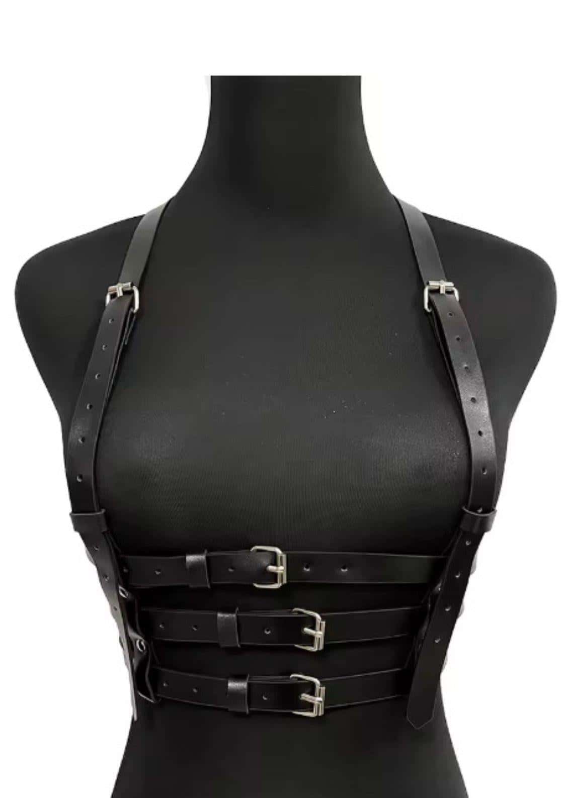 Schwarzer leder corset-harness triple belt mit silbernen schnallen und verstellbaren trägern für gothic kleidung