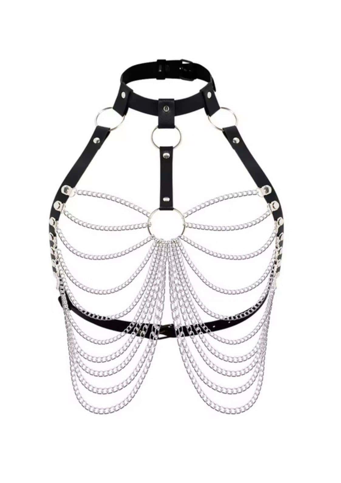 Schwarzer leder harness mit dreifacher kettenstruktur in rippenform gaia licensed apparel für dark fashion