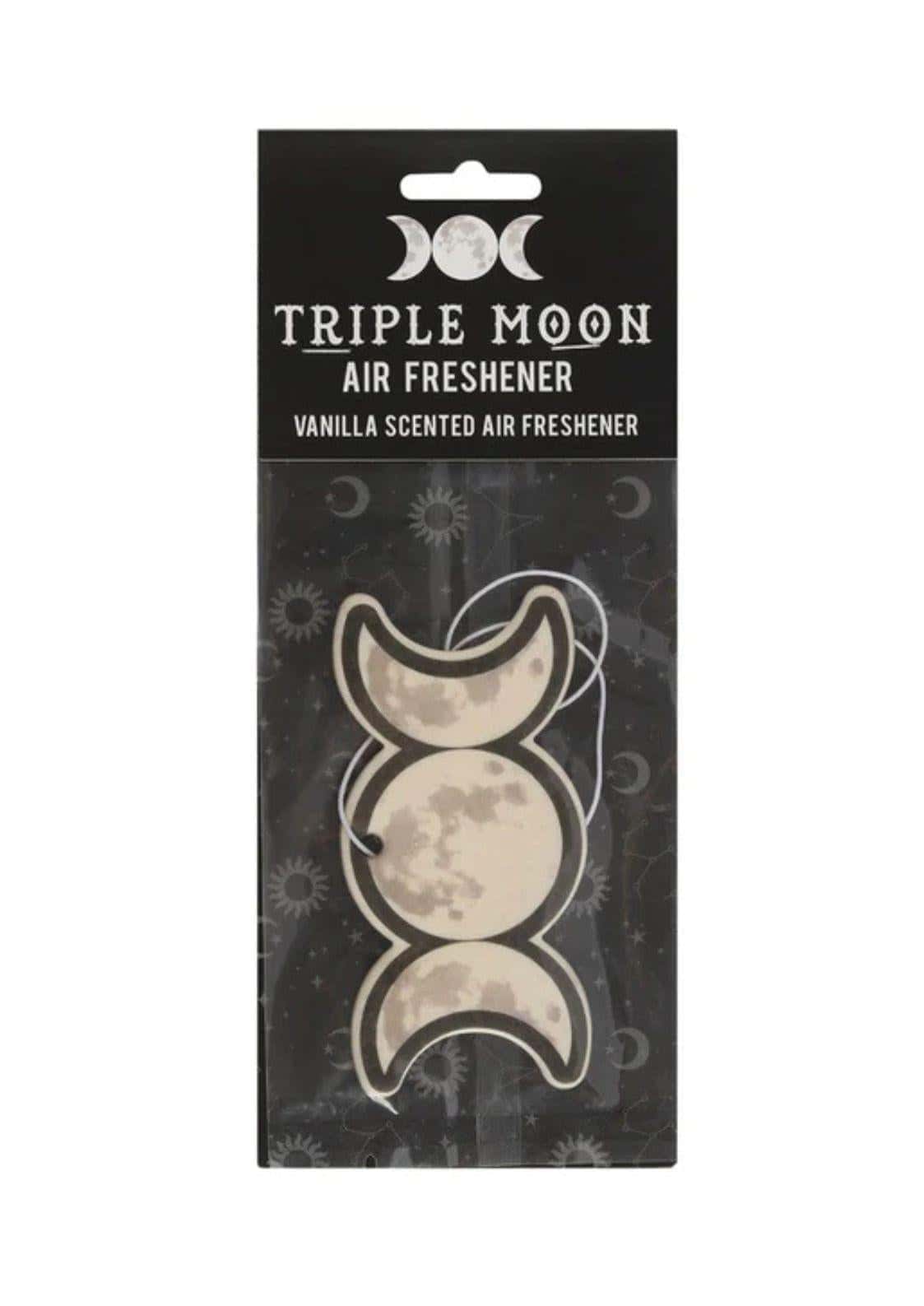 Vanilleduft lufterfrischer triple moon mit cremefarbenem mondphasen design auf schwarzer verpackung