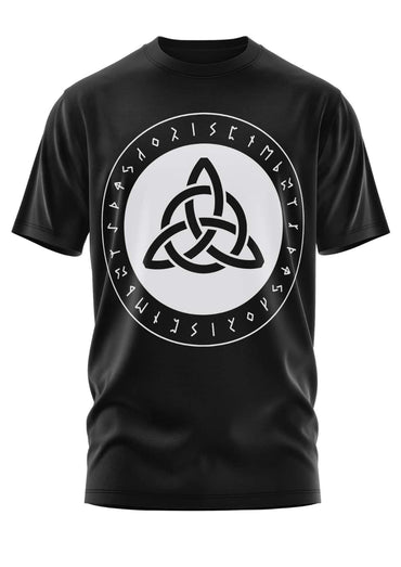 Schwarzes kurzarmshirt mit weißem triquetra symbol und runen im gothic horror stile bitte design