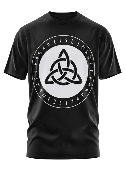 Schwarzes Gothic-Metal-T-Shirt mit Triquetra-Triskel-Design