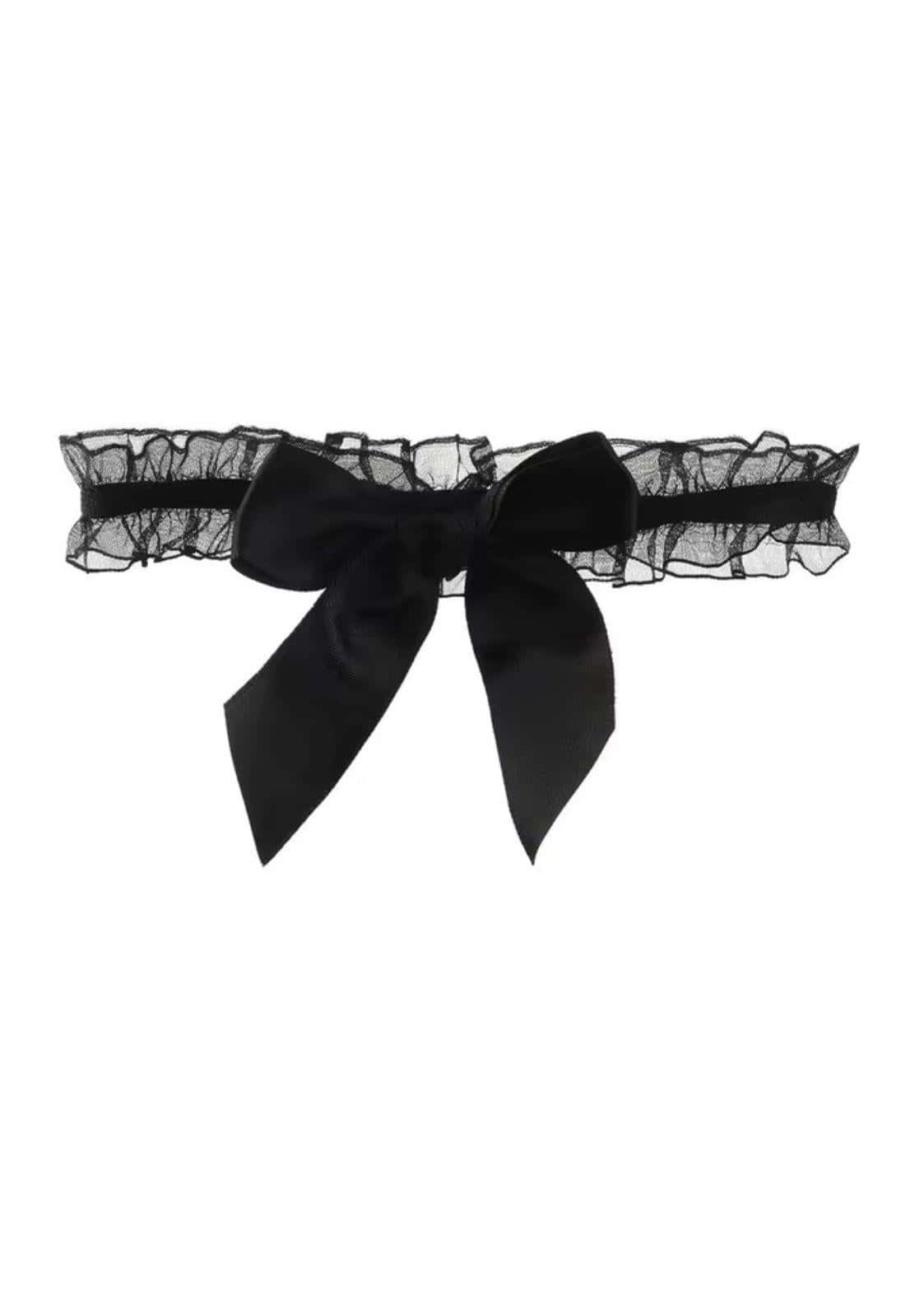Schwarzes spitzen strumpfband tüll mit satin schleife klein im gothic style für dark fashion und horror looks