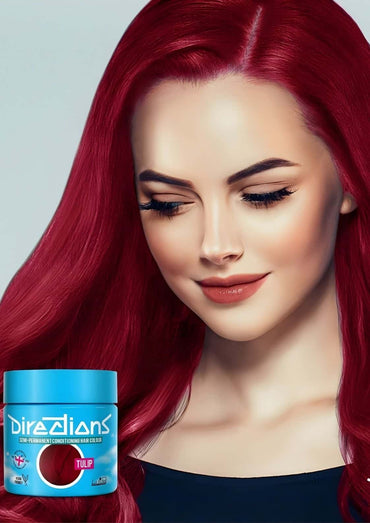 Ein leuchtend rotes haarfärbemittel tulip richtungen 100ml in einem blauen zylinder für blondiertes haar
