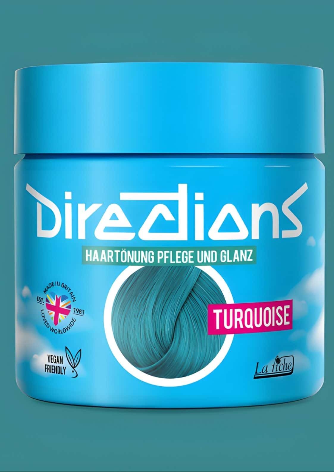 Bright blue zylindrischer directions haartönung jar in strahlendes türkis für intensiv türkise haarfarbe auf blondiertem haar