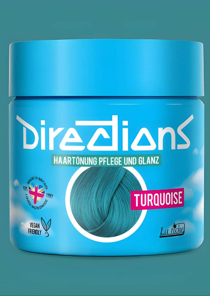 Bright blue zylindrischer directions haartönung jar in strahlendes türkis für intensiv türkise haarfarbe auf blondiertem haar