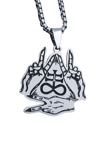 Silberne two finger halskette mit gothic design aus zwei händen und okkulten symbolen im dreieck