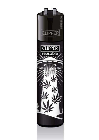 Schwarzes clipper feuerzeug nachfüllbar mit weißem ufo und cannabisblatt design modell ufo 420