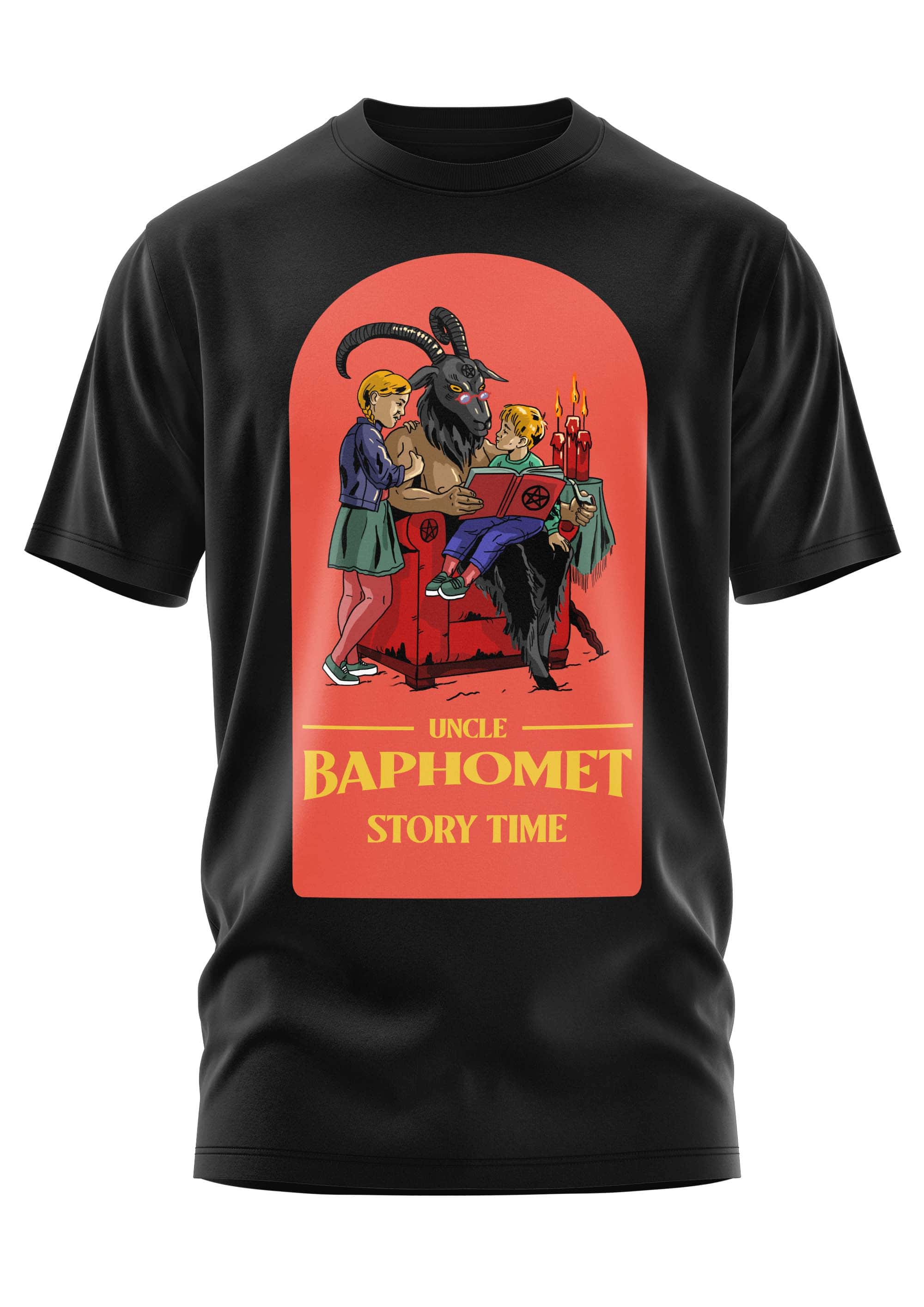 Schwarzes cotton t-shirt mit rotem gothic uncle baphomet horror graphic und gelbem uncle baphomet story time schriftzug