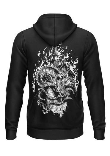 Schwarzer zip-hoodie mit gothic horror ram-kopf grafik und brennendem turm auf der rückseite unleashe goat