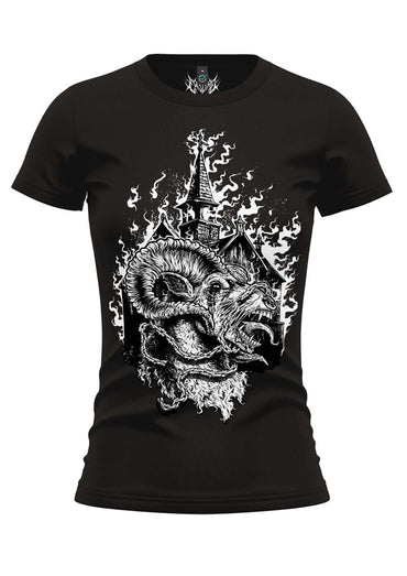 Schwarzes unleashed goat gothic girlie shirt mit weißem grafikdesign eines ziegenkopfdämons vor kirche