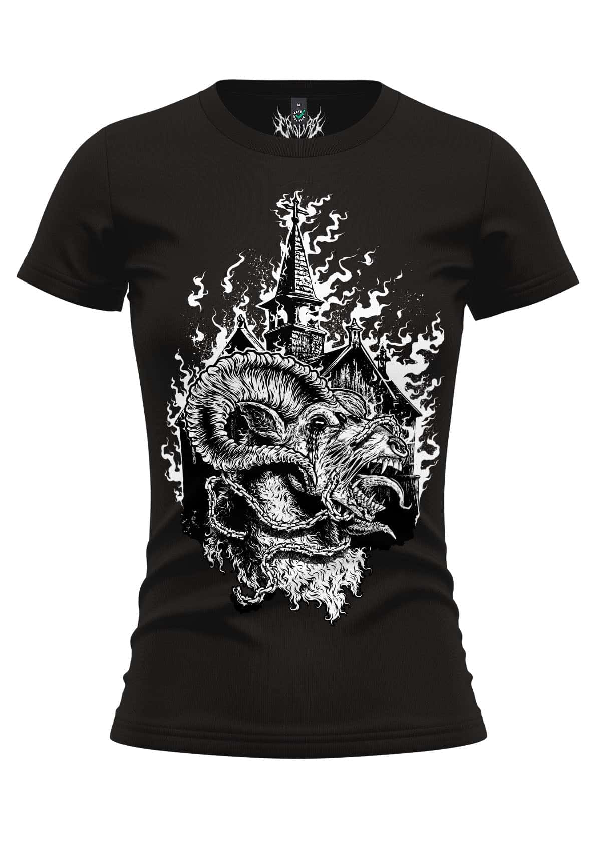 Schwarzes unleashed goat gothic girlie shirt mit weißem grafikdesign eines ziegenkopfdämons vor kirche