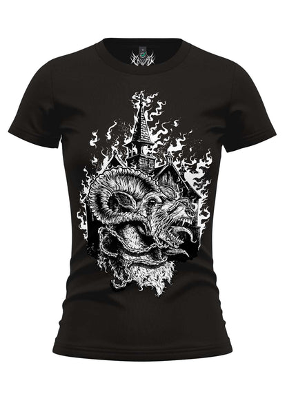 Schwarzes unleashed goat gothic girlie shirt mit weißem grafikdesign eines ziegenkopfdämons vor kirche